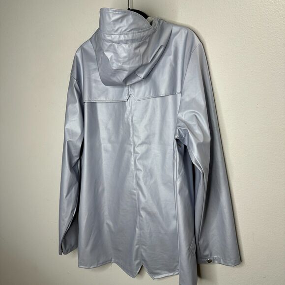 Rains Unisex Pale Blue Front Snap Midline Drawstring Hooded Rain Jacket S / M - Picture 10 of 16